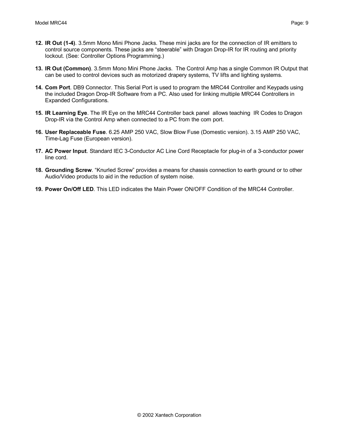 Xantech installation instructions Model MRC44 