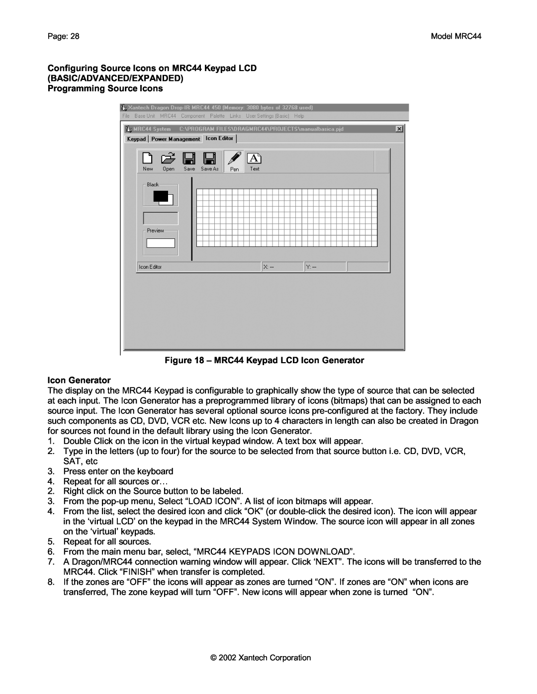Xantech installation instructions Programming Source Icons, MRC44 Keypad LCD Icon Generator 