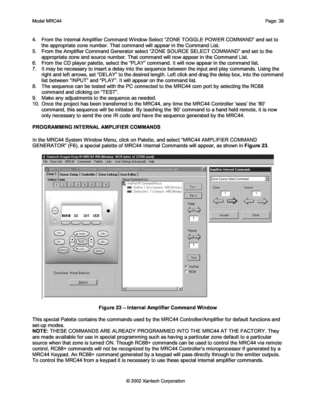 Xantech MRC44 installation instructions Programming Internal Amplifier Commands, Internal Amplifier Command Window 