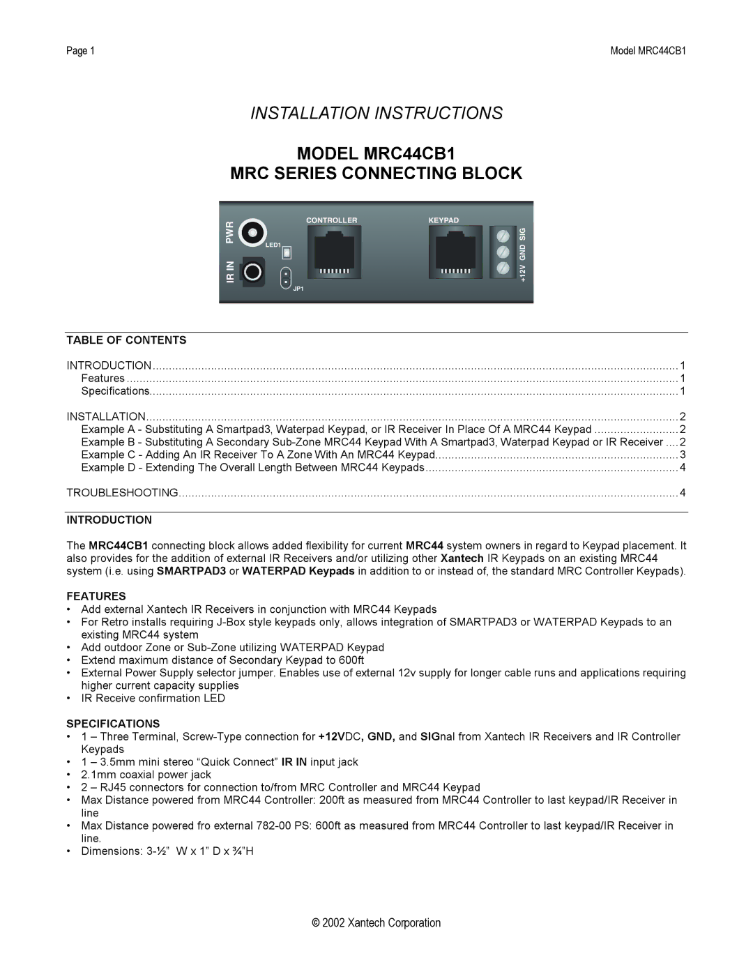 Xantech MRC44CB1 installation instructions Table of Contents, Introduction, Features, Specifications 