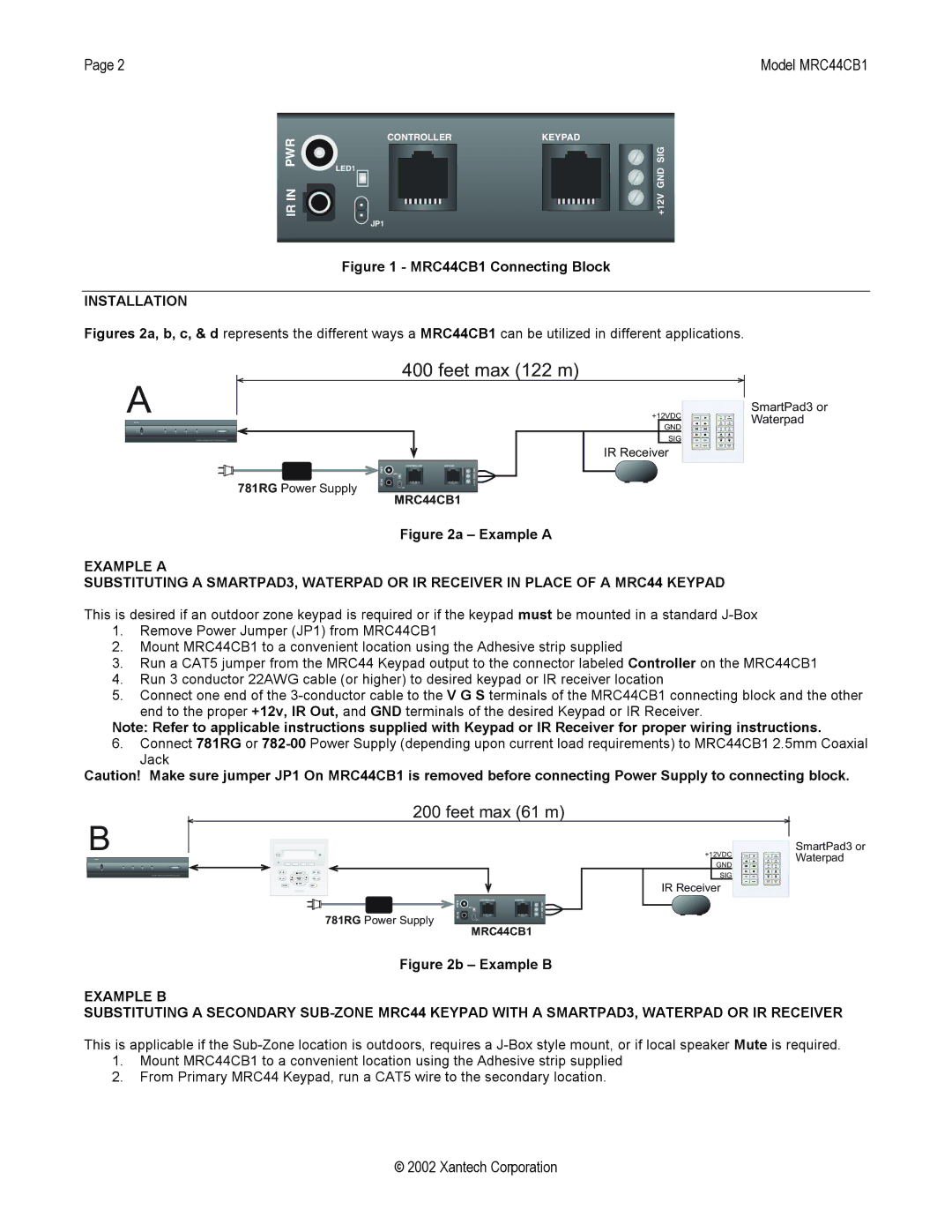 Xantech MRC44CB1 installation instructions Feet max 122 m, Installation, Example B 