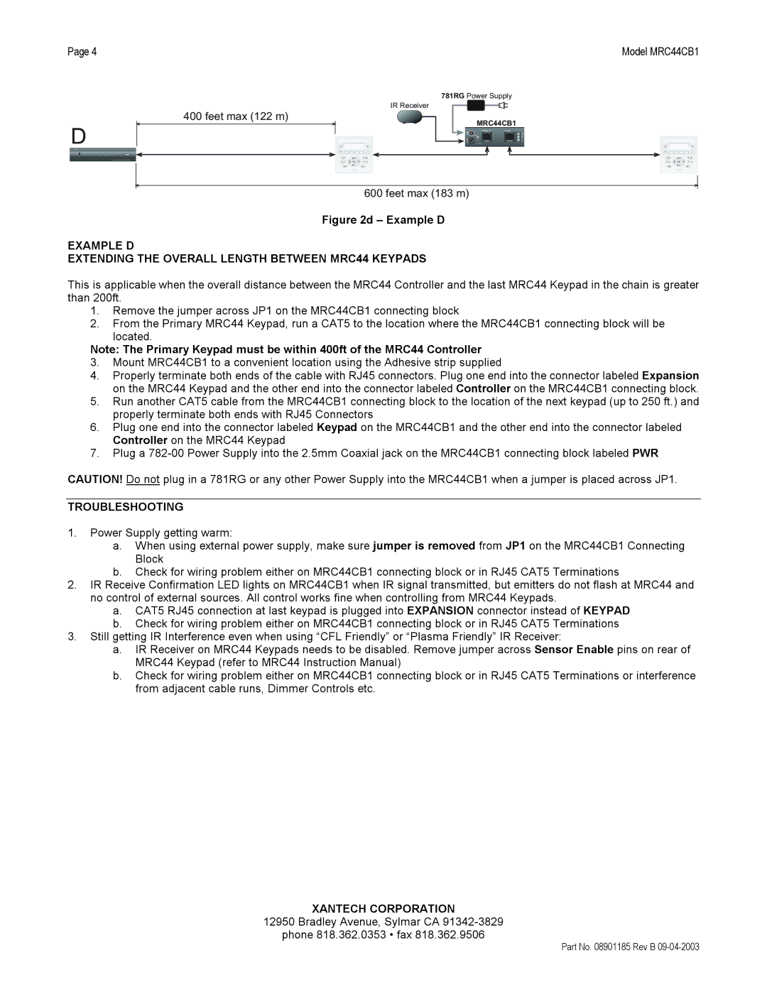 Xantech MRC44CB1 installation instructions Troubleshooting, Xantech Corporation 