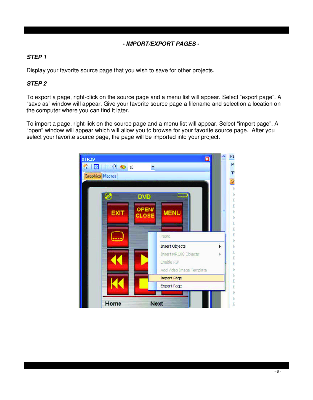 Xantech XTR39, mrc88, MRC44, SPLCD manual IMPORT/EXPORT Pages Step 