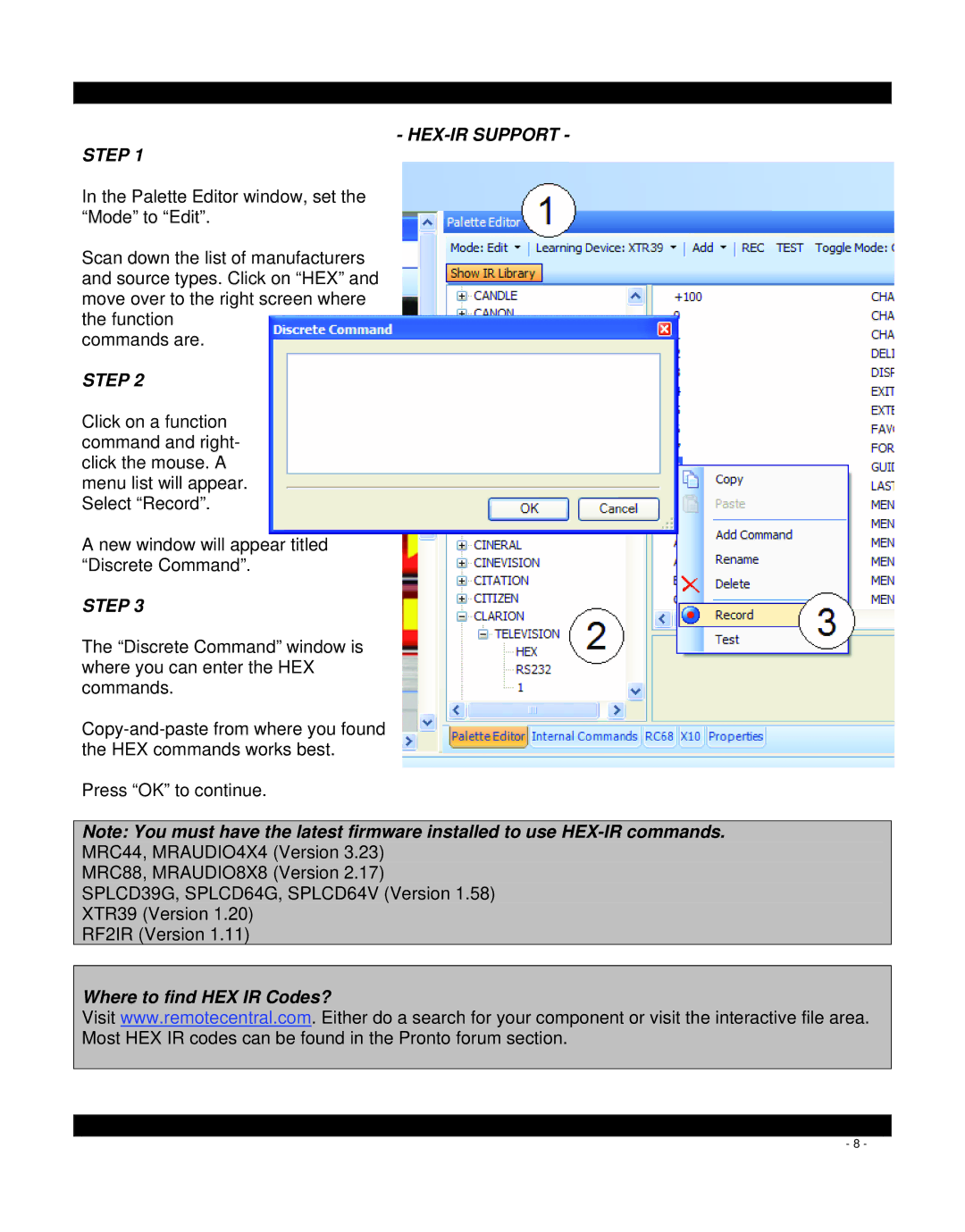 Xantech mrc88, MRC44, XTR39, SPLCD manual HEX-IR Support Step 