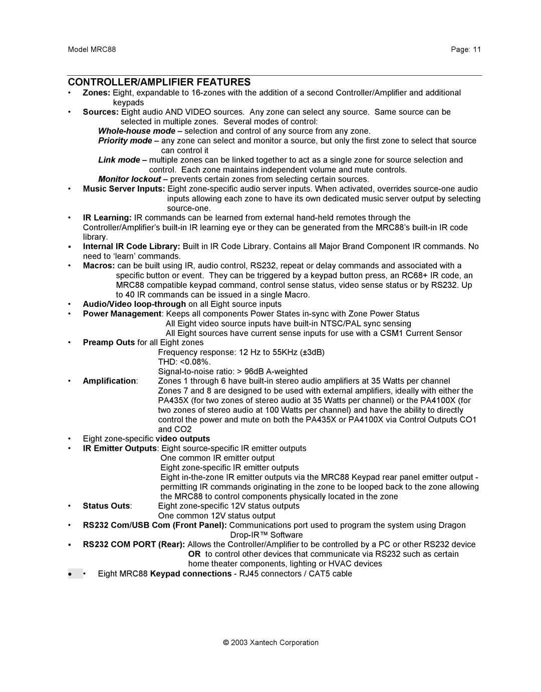 Xantech mrc88 installation instructions CONTROLLER/AMPLIFIER Features 