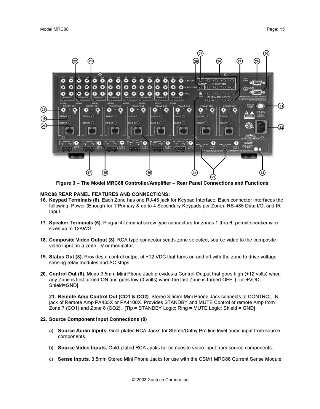 Xantech mrc88 installation instructions MRC88 Rear Panel Features and Connections, Source Component Input Connections 