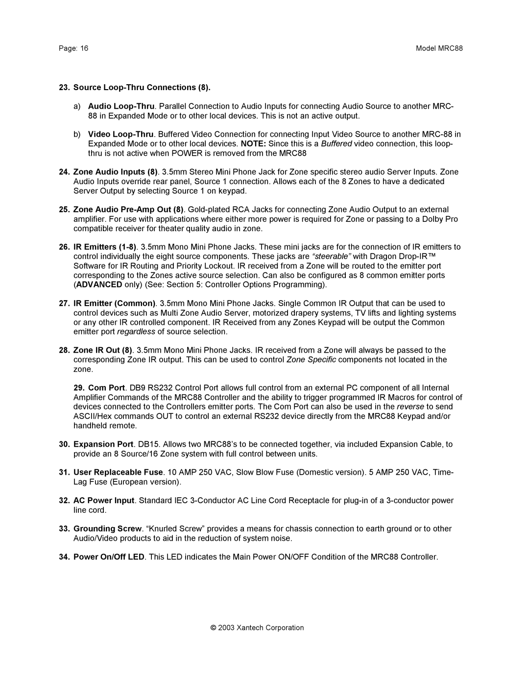 Xantech mrc88 installation instructions Source Loop-Thru Connections 