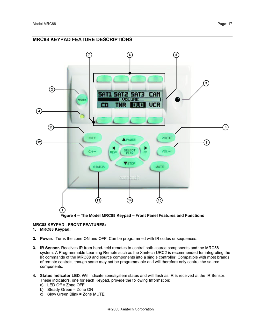 Xantech mrc88 installation instructions MRC88 Keypad Feature Descriptions, MRC88 Keypad Front Features 