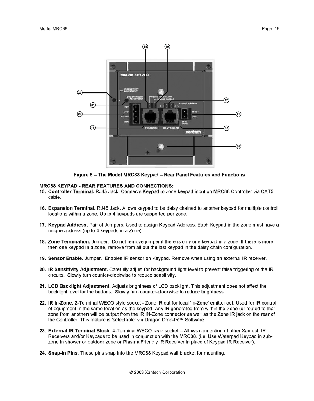 Xantech mrc88 Model MRC88 Keypad Rear Panel Features and Functions, MRC88 Keypad Rear Features and Connections 
