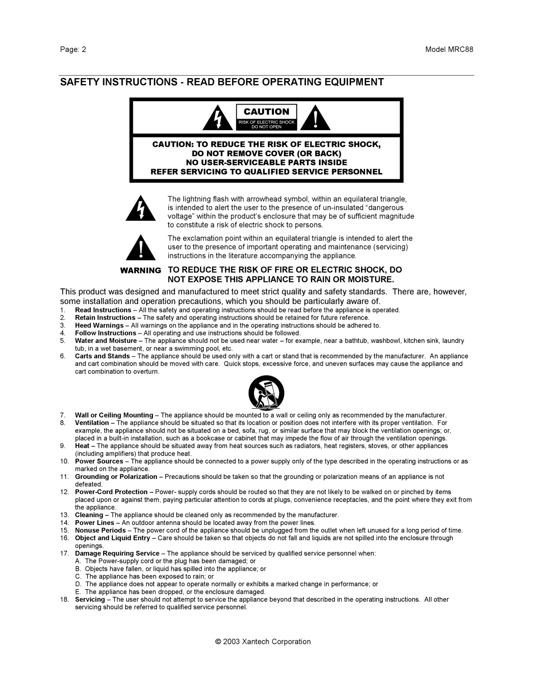 Xantech mrc88 Safety Instructions Read Before Operating Equipment, Not Expose this Appliance to Rain or Moisture 