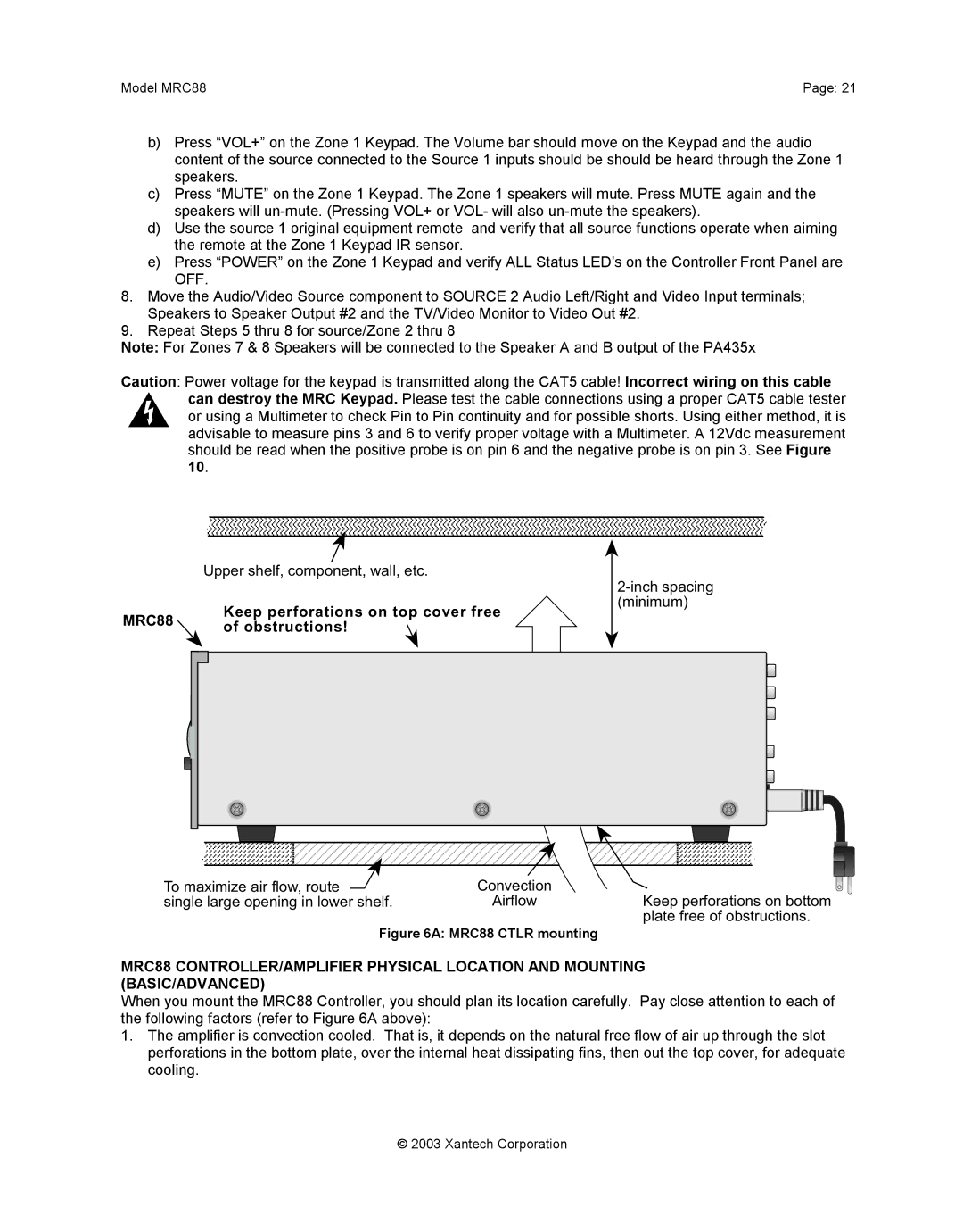 Xantech mrc88 installation instructions MRC88, Keep perforations on top cover free, Obstructions 