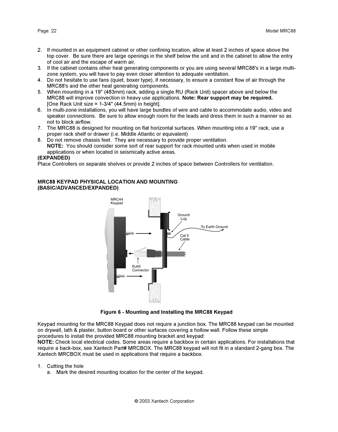 Xantech mrc88 installation instructions Expanded, Mounting and Installing the MRC88 Keypad 