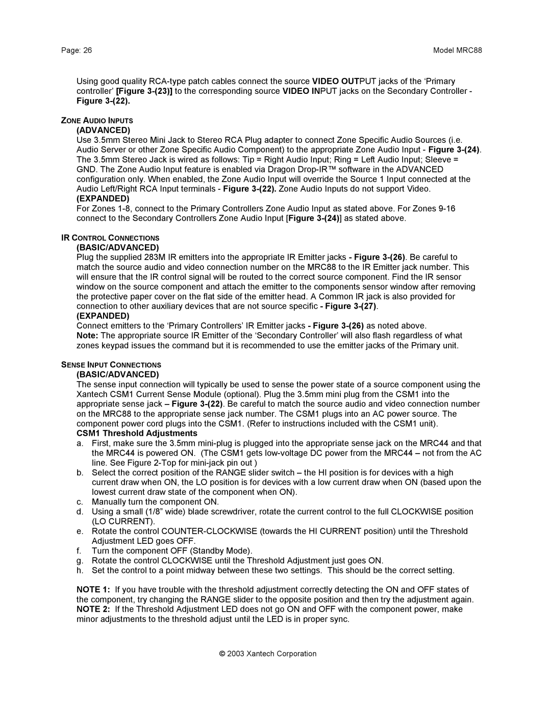 Xantech mrc88 installation instructions Advanced, CSM1 Threshold Adjustments 