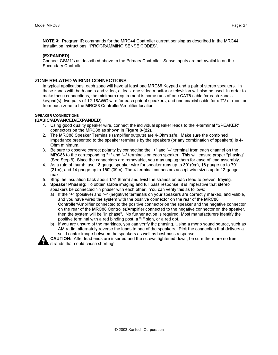 Xantech mrc88 installation instructions Zone Related Wiring Connections, Basic/Advanced/Expanded 