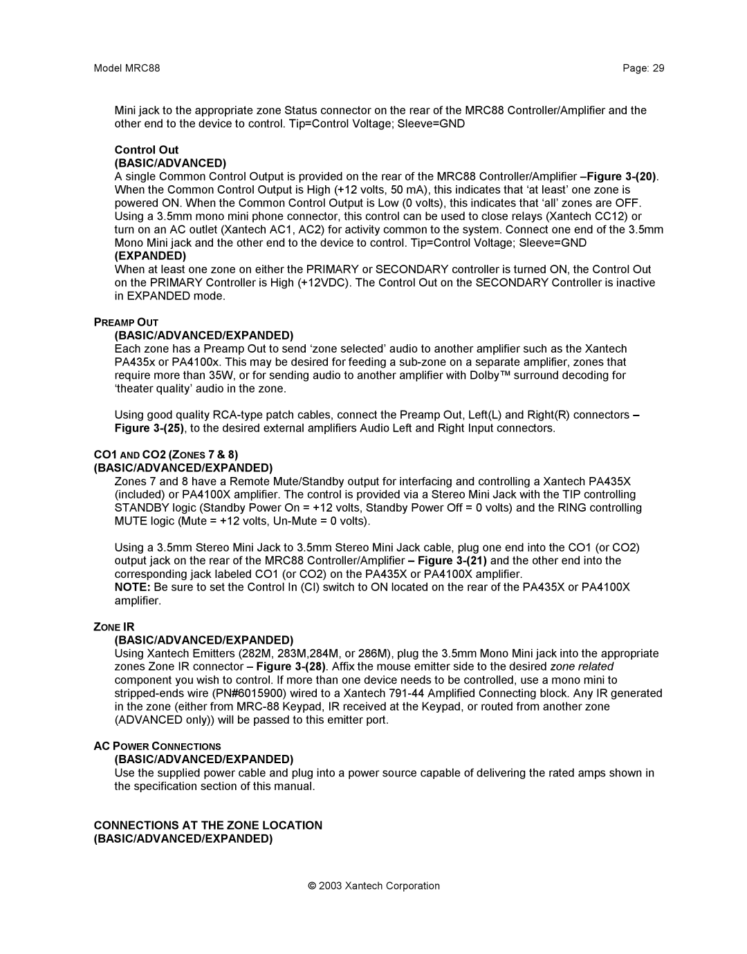 Xantech mrc88 installation instructions Control Out, CO1 and CO2 Zones 7, Zone IR BASIC/ADVANCED/EXPANDED 