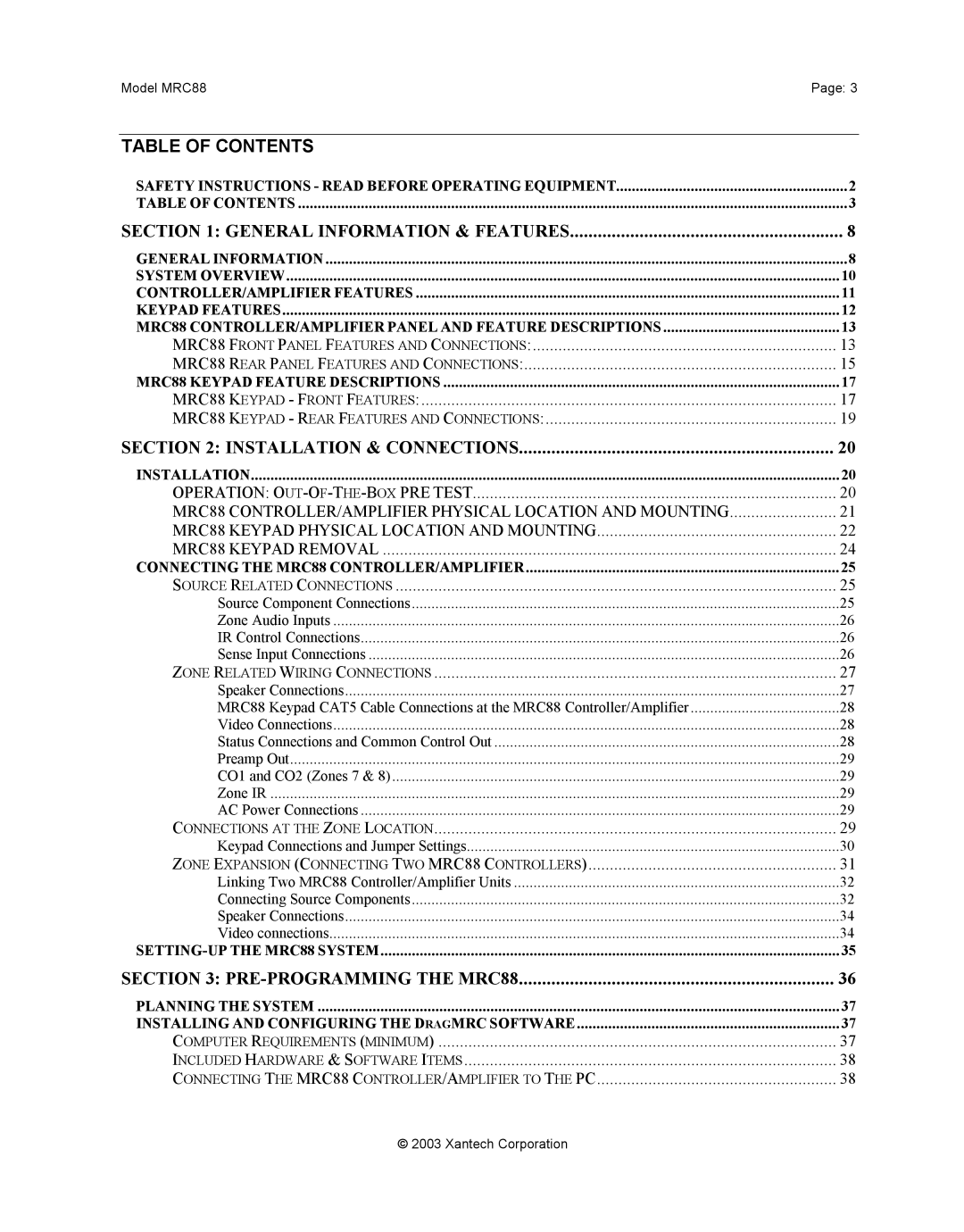 Xantech mrc88 installation instructions Table of Contents 