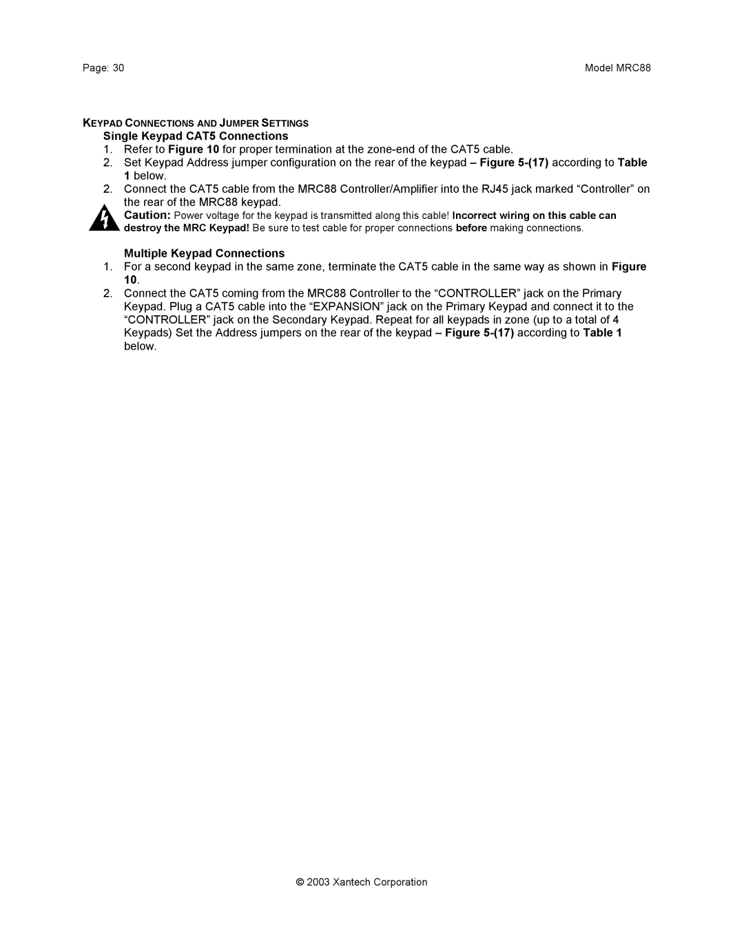 Xantech mrc88 installation instructions Single Keypad CAT5 Connections, Multiple Keypad Connections 