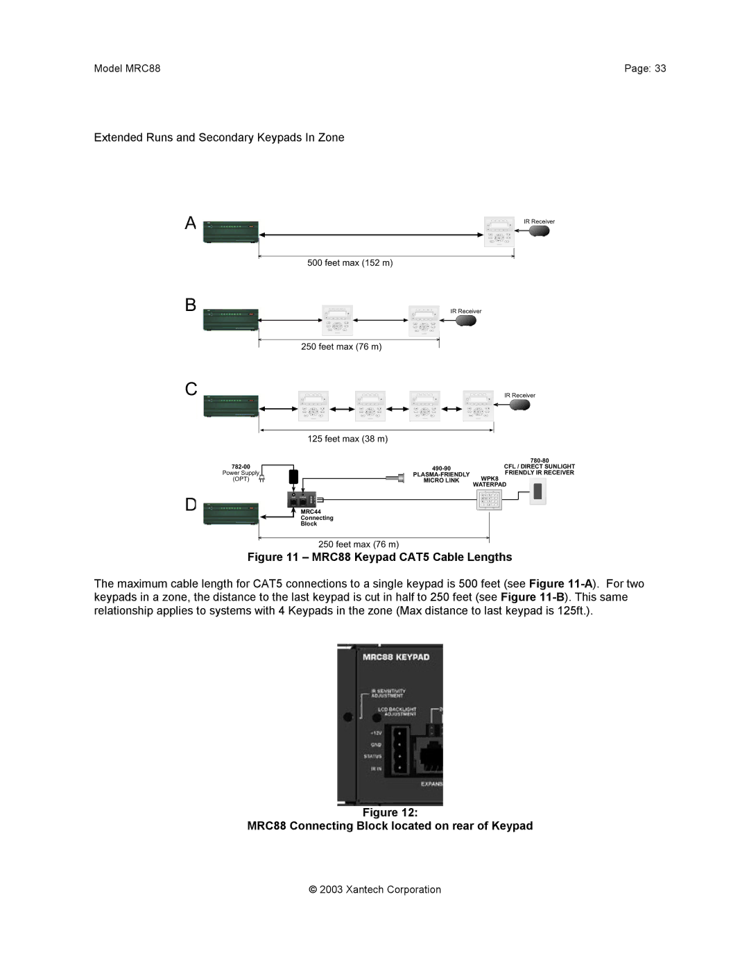 Xantech mrc88 installation instructions MRC88 Keypad CAT5 Cable Lengths, MRC88 Connecting Block located on rear of Keypad 