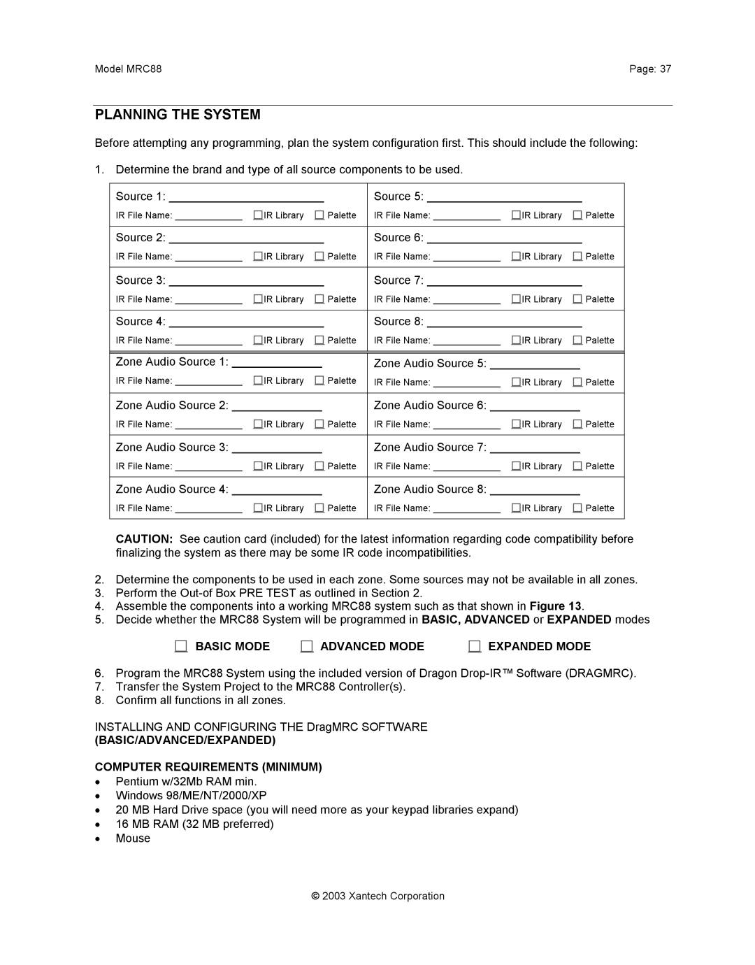 Xantech mrc88 installation instructions Planning the System, Basic Mode Advanced Mode Expanded Mode 