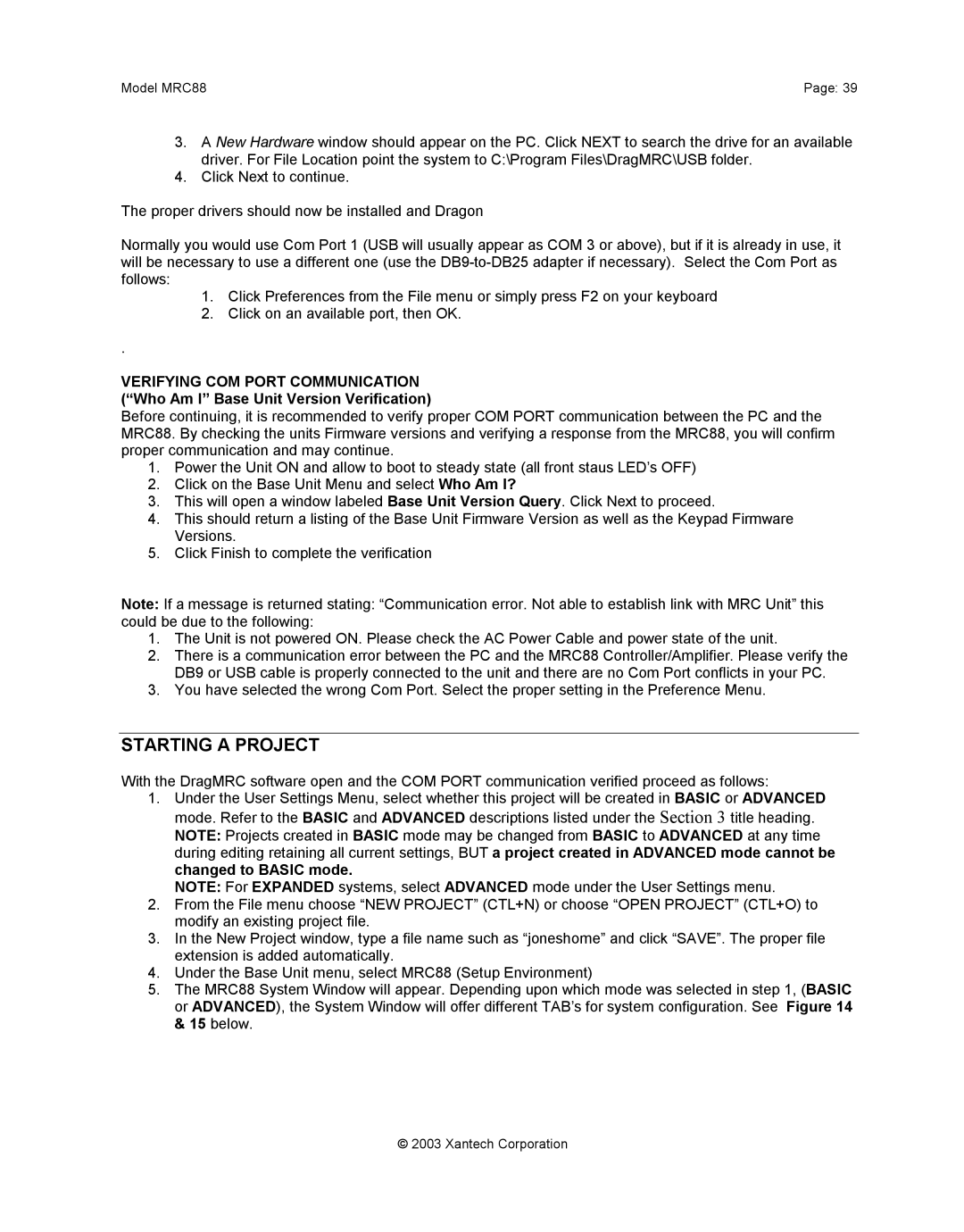 Xantech mrc88 installation instructions Starting a Project 