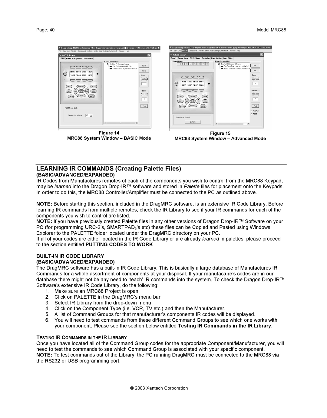 Xantech mrc88 Learning IR Commands Creating Palette Files, BUILT-IN IR Code Library BASIC/ADVANCED/EXPANDED 