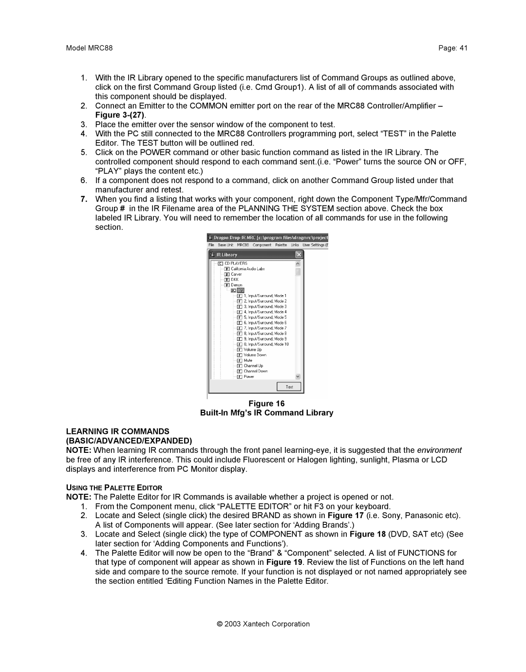 Xantech mrc88 installation instructions Built-In Mfg’s IR Command Library, Learning IR Commands BASIC/ADVANCED/EXPANDED 