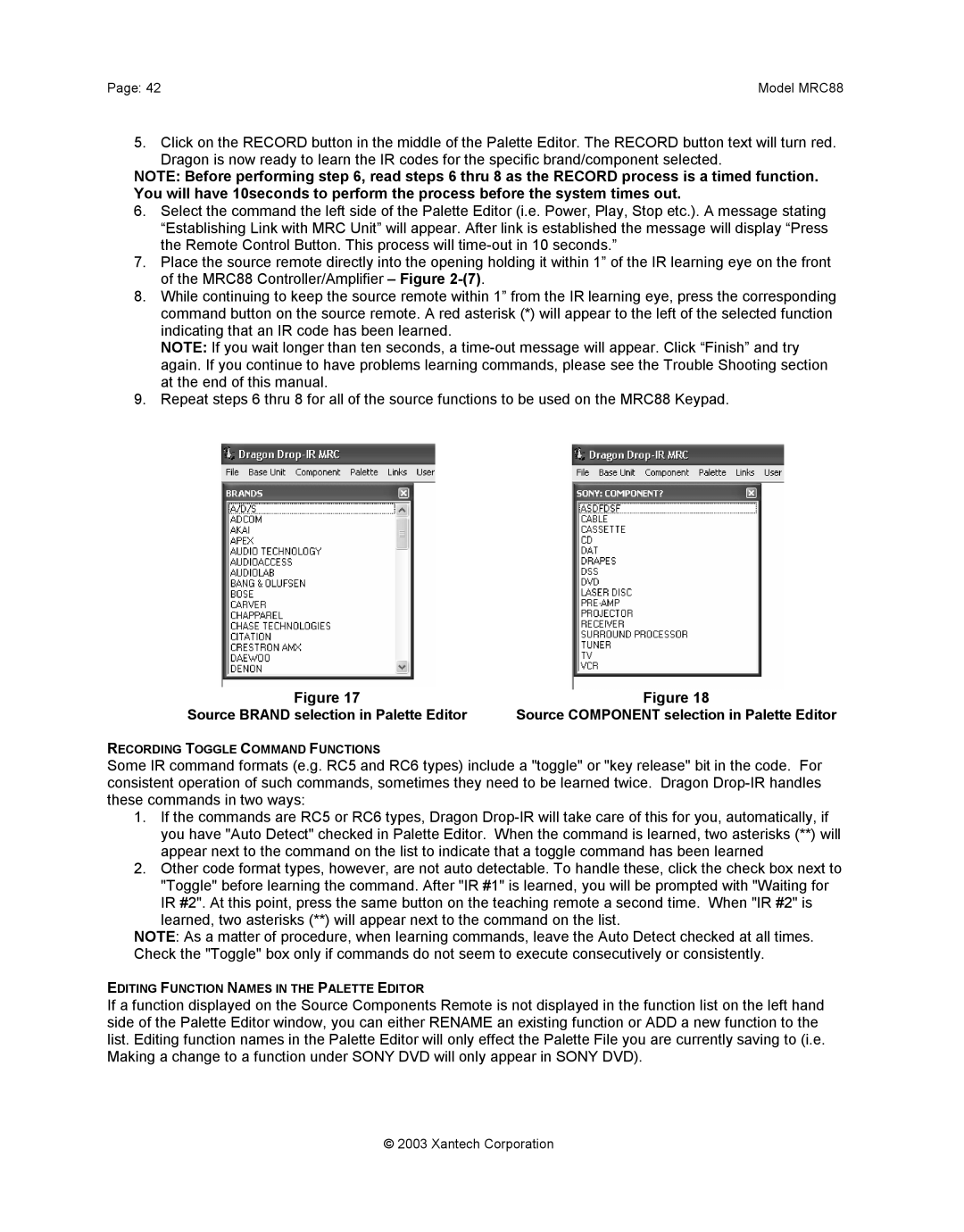 Xantech mrc88 installation instructions Recording Toggle Command Functions 