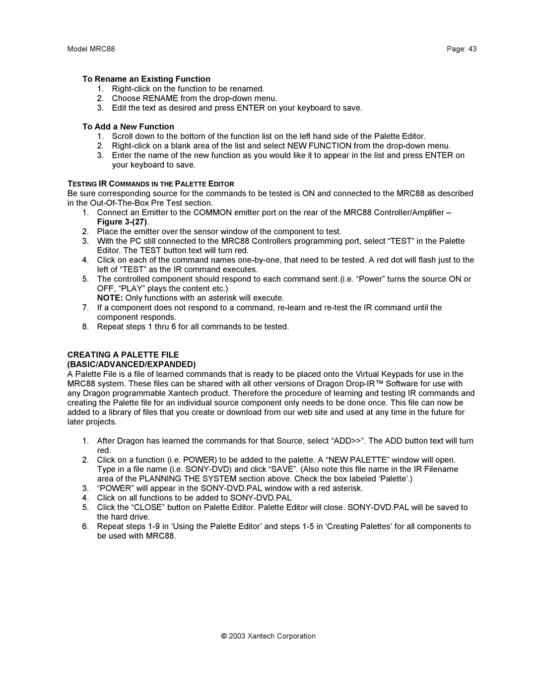 Xantech mrc88 To Rename an Existing Function, To Add a New Function, Creating a Palette File BASIC/ADVANCED/EXPANDED 