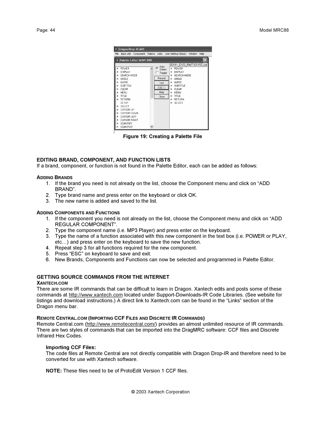 Xantech mrc88 Editing BRAND, COMPONENT, and Function Lists, Getting Source Commands from the Internet, Importing CCF Files 