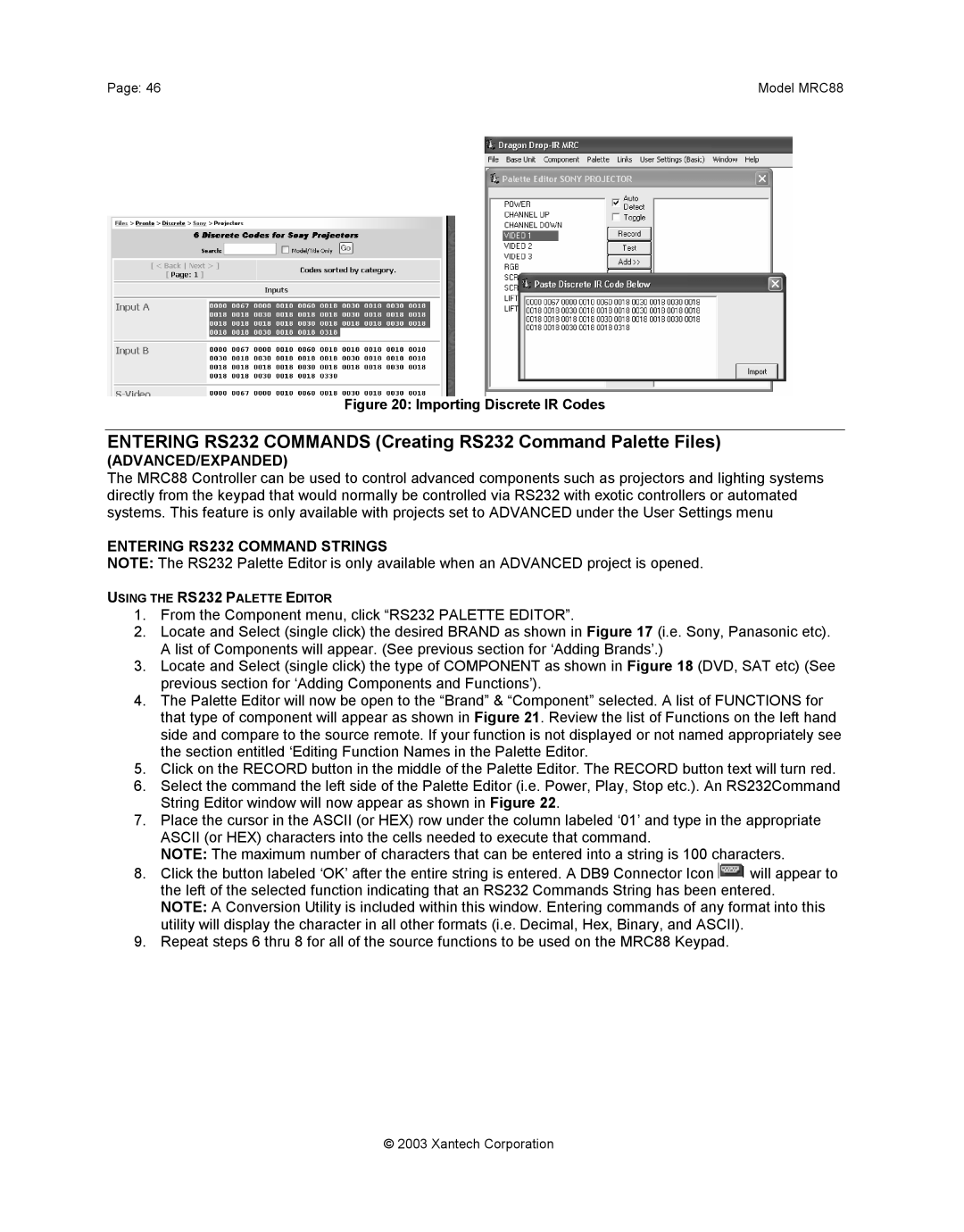 Xantech mrc88 installation instructions Advanced/Expanded, Entering RS232 Command Strings 