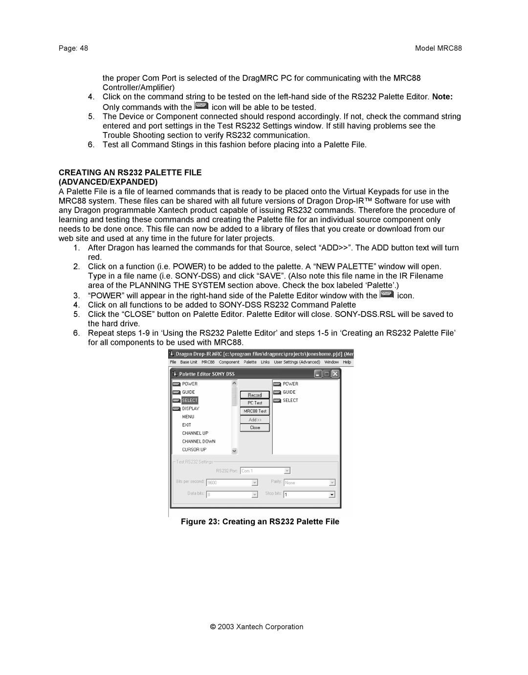 Xantech mrc88 installation instructions Creating AN RS232 Palette File ADVANCED/EXPANDED, Creating an RS232 Palette File 