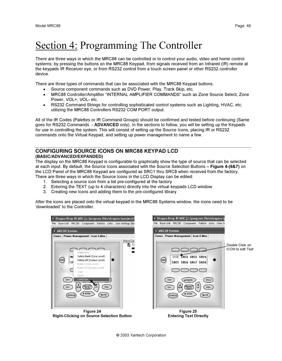 Xantech mrc88 installation instructions Programming The Controller, Configuring Source Icons on MRC88 Keypad LCD 