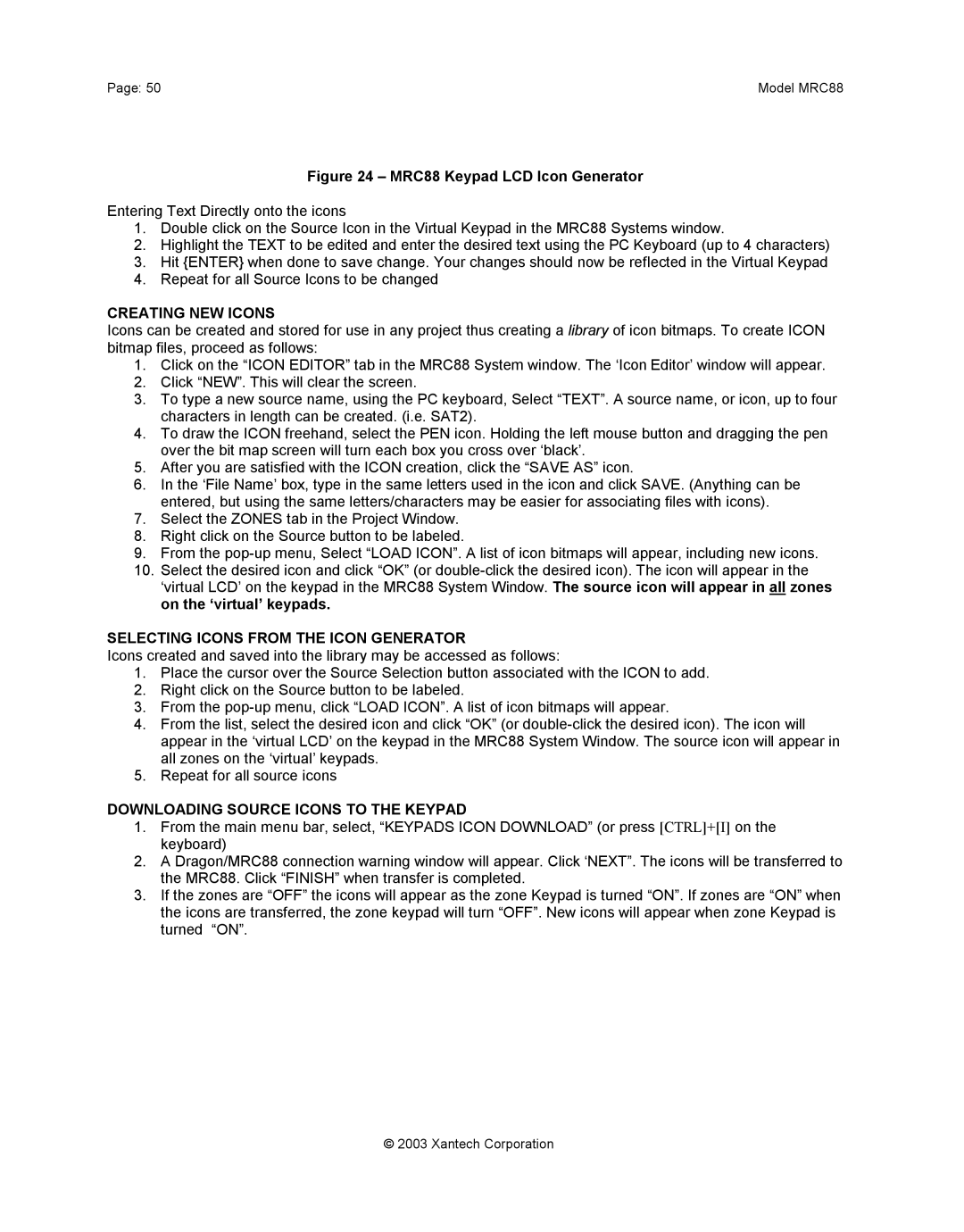 Xantech mrc88 Creating NEW Icons, Selecting Icons from the Icon Generator, Downloading Source Icons to the Keypad 
