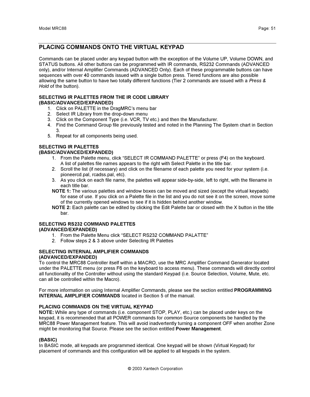 Xantech mrc88 Placing Commands Onto the Virtual Keypad, Selecting IR Palettes BASIC/ADVANCED/EXPANDED 