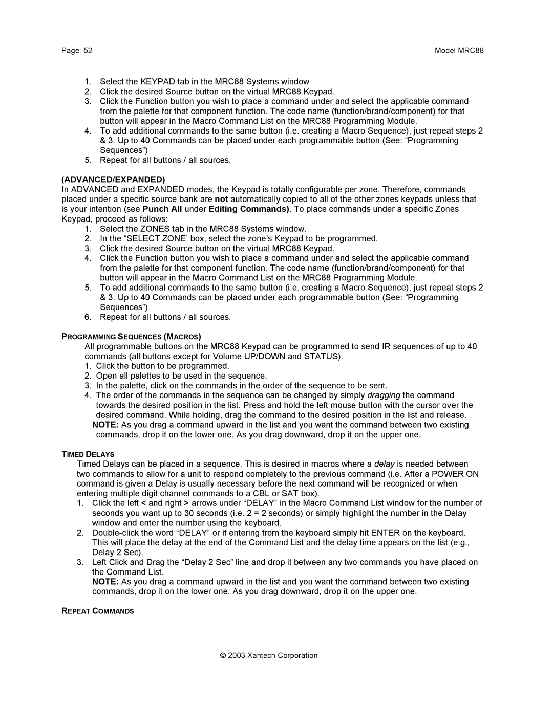 Xantech mrc88 installation instructions Programming Sequences Macros 