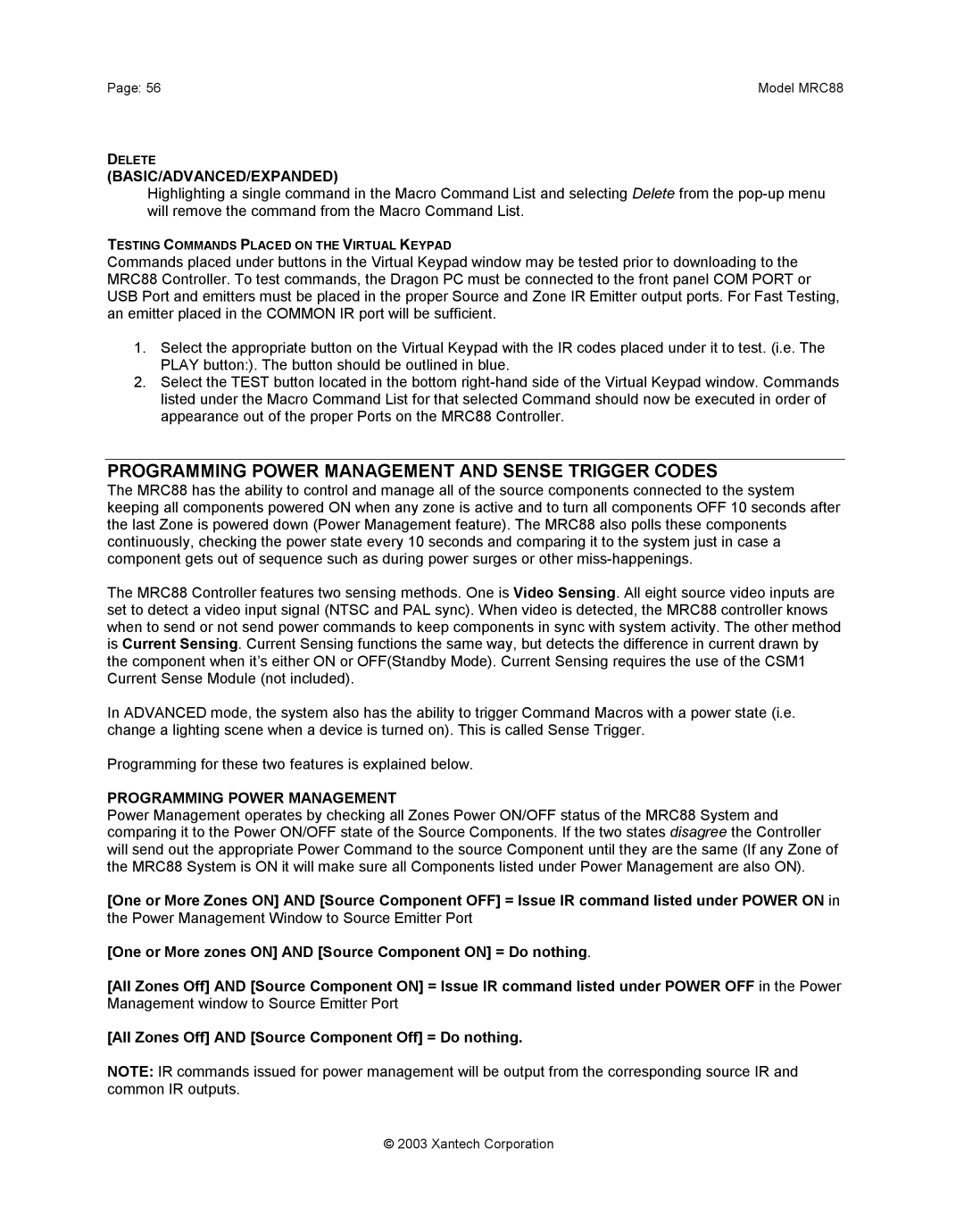 Xantech mrc88 installation instructions Programming Power Management and Sense Trigger Codes 