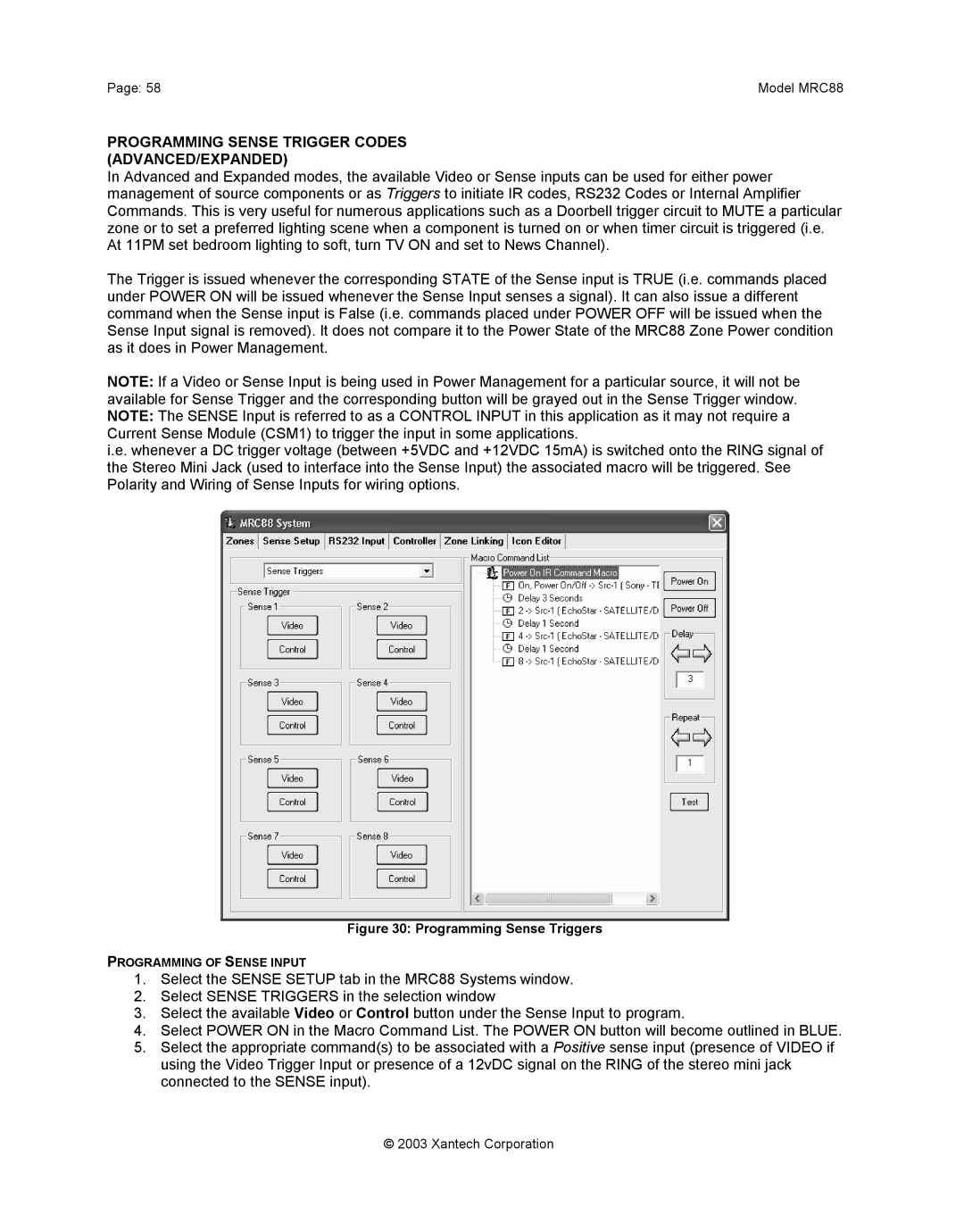 Xantech mrc88 installation instructions Programming Sense Trigger Codes ADVANCED/EXPANDED, Programming Sense Triggers 