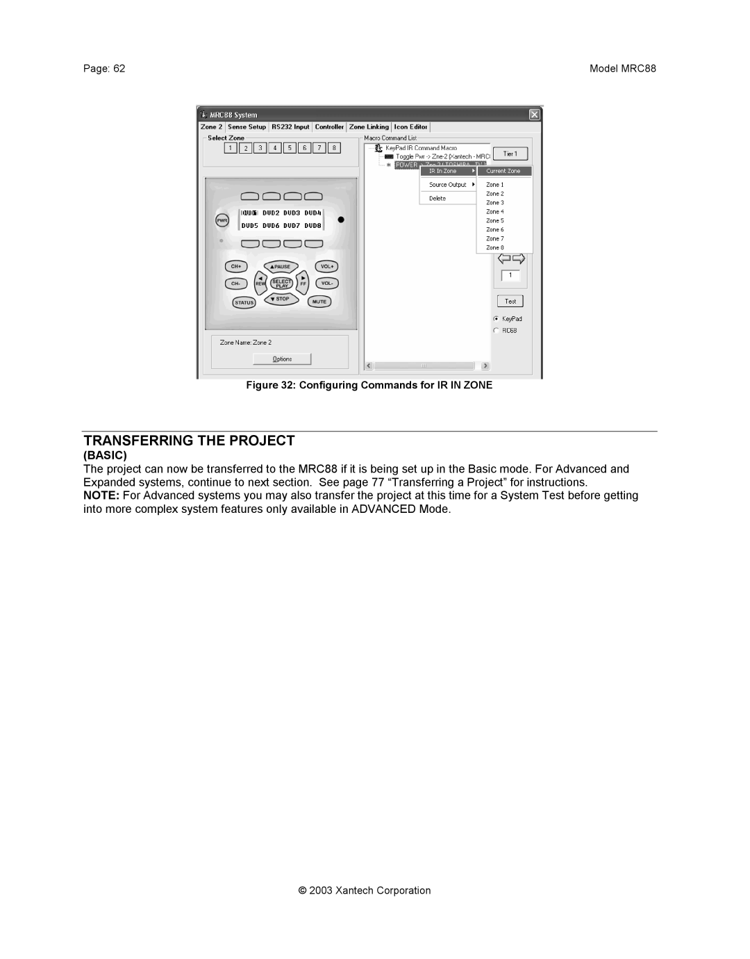 Xantech mrc88 installation instructions Transferring the Project, Configuring Commands for IR in Zone 