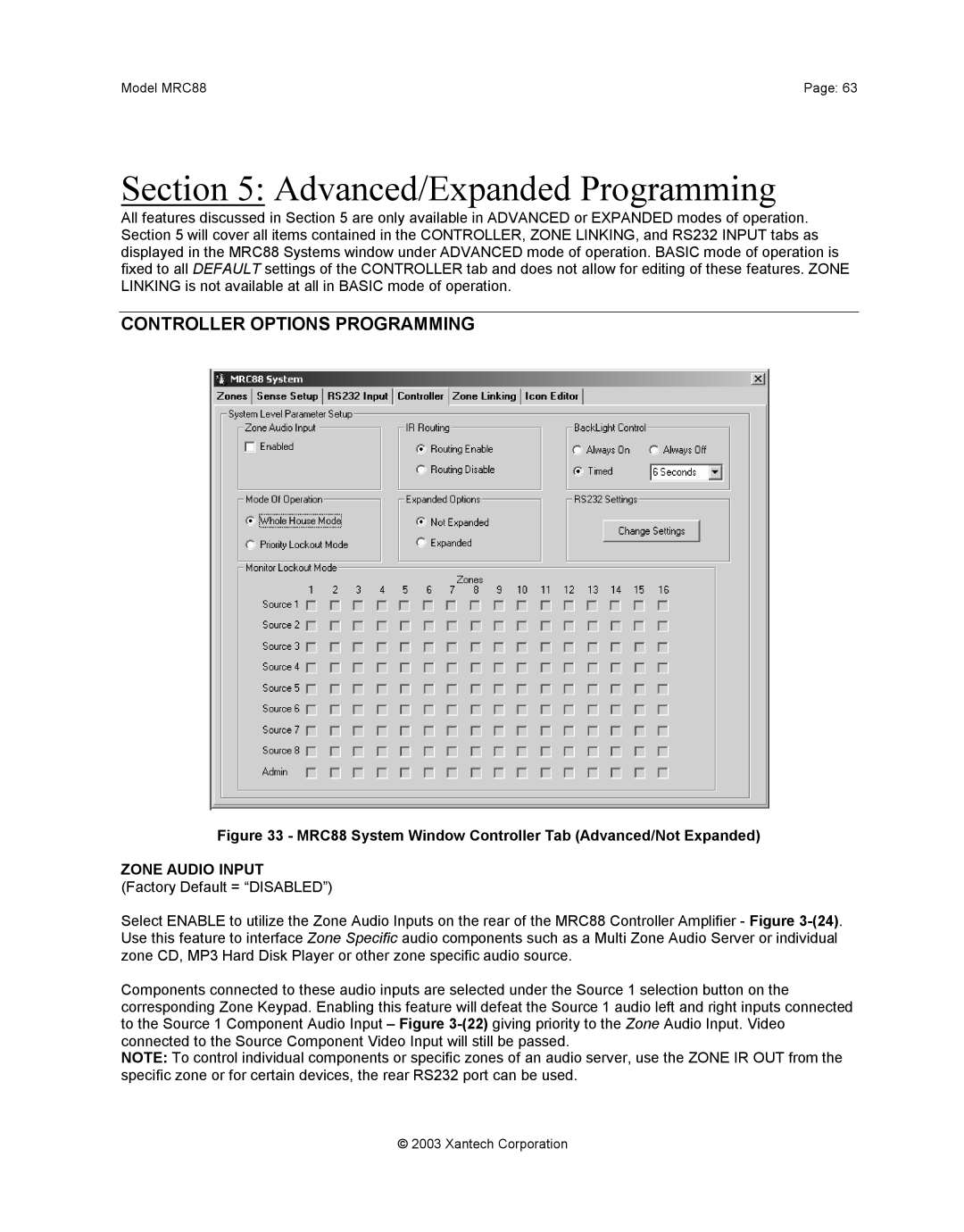 Xantech mrc88 installation instructions Controller Options Programming, Zone Audio Input 