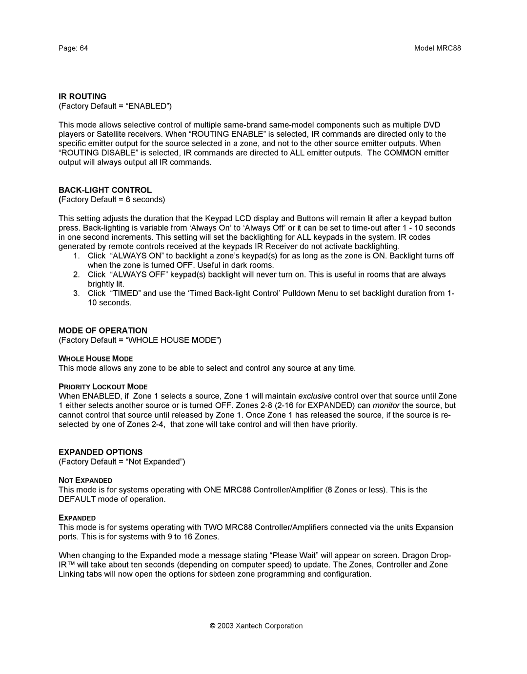 Xantech mrc88 installation instructions IR Routing, BACK-LIGHT Control, Mode of Operation, Expanded Options 