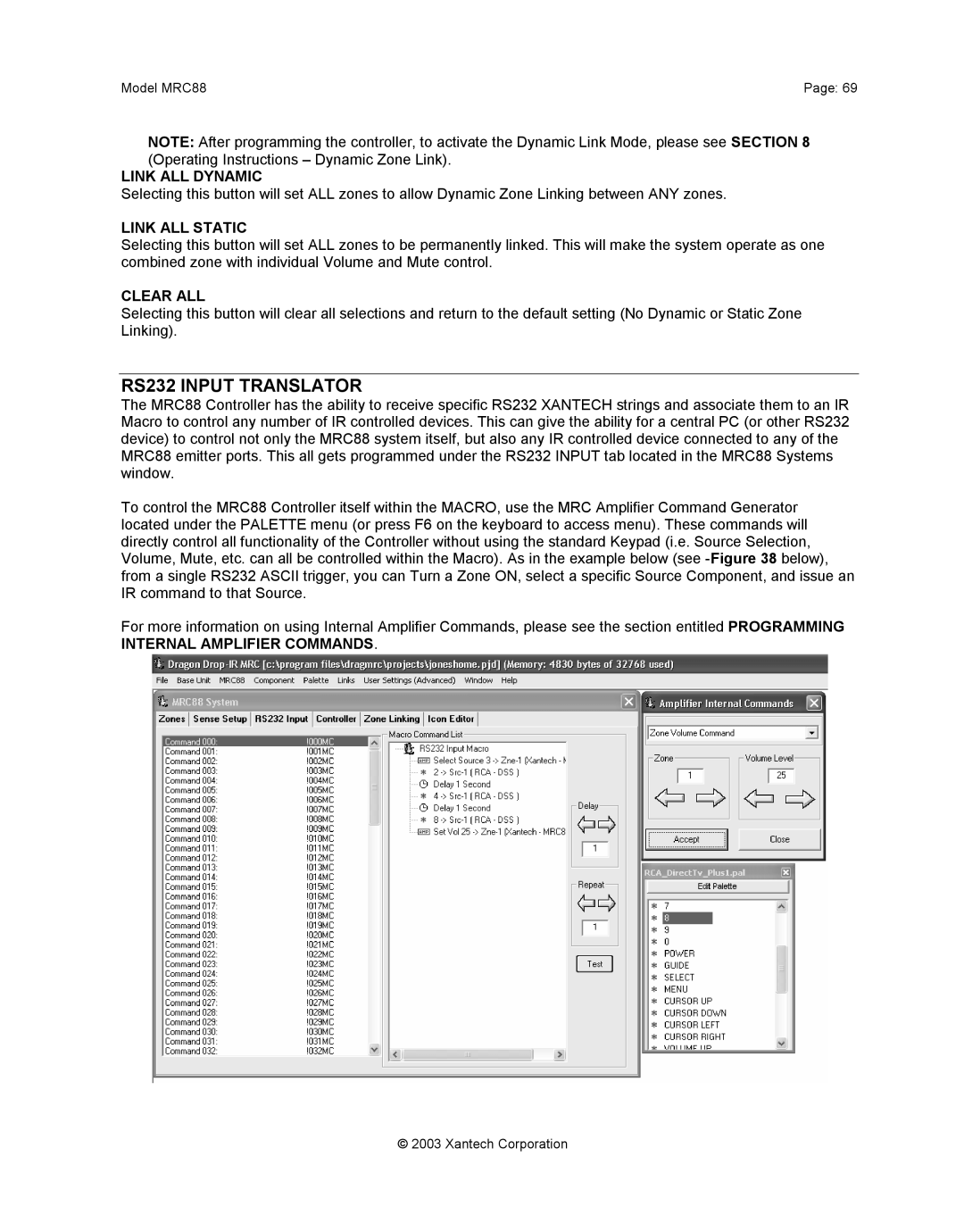 Xantech mrc88 installation instructions RS232 Input Translator, Link ALL Dynamic, Link ALL Static, Clear ALL 