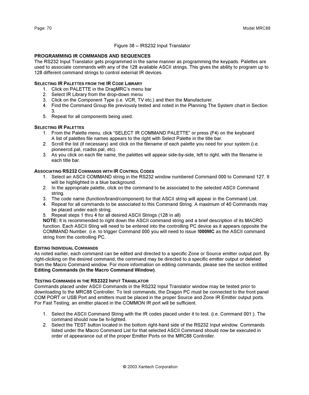 Xantech mrc88 installation instructions IRS232 Input Translator, Programming IR Commands and Sequences 