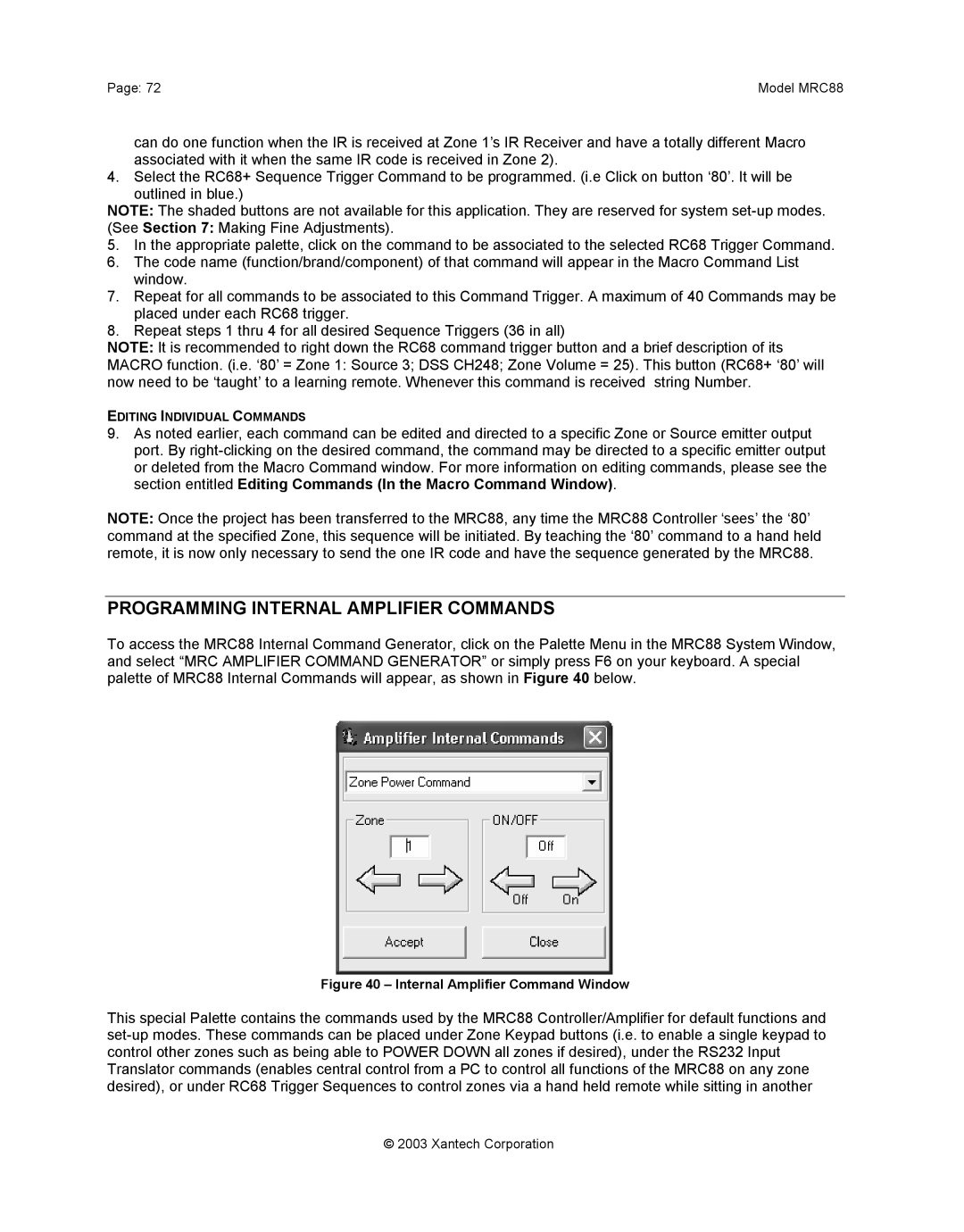 Xantech mrc88 installation instructions Programming Internal Amplifier Commands, Internal Amplifier Command Window 