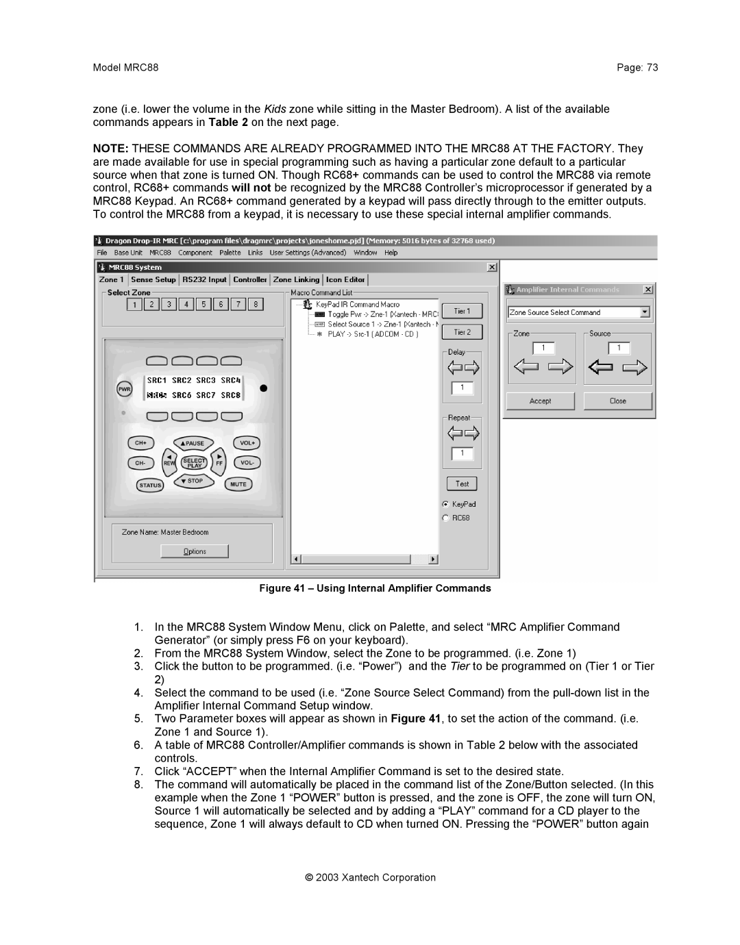 Xantech mrc88 installation instructions Using Internal Amplifier Commands 