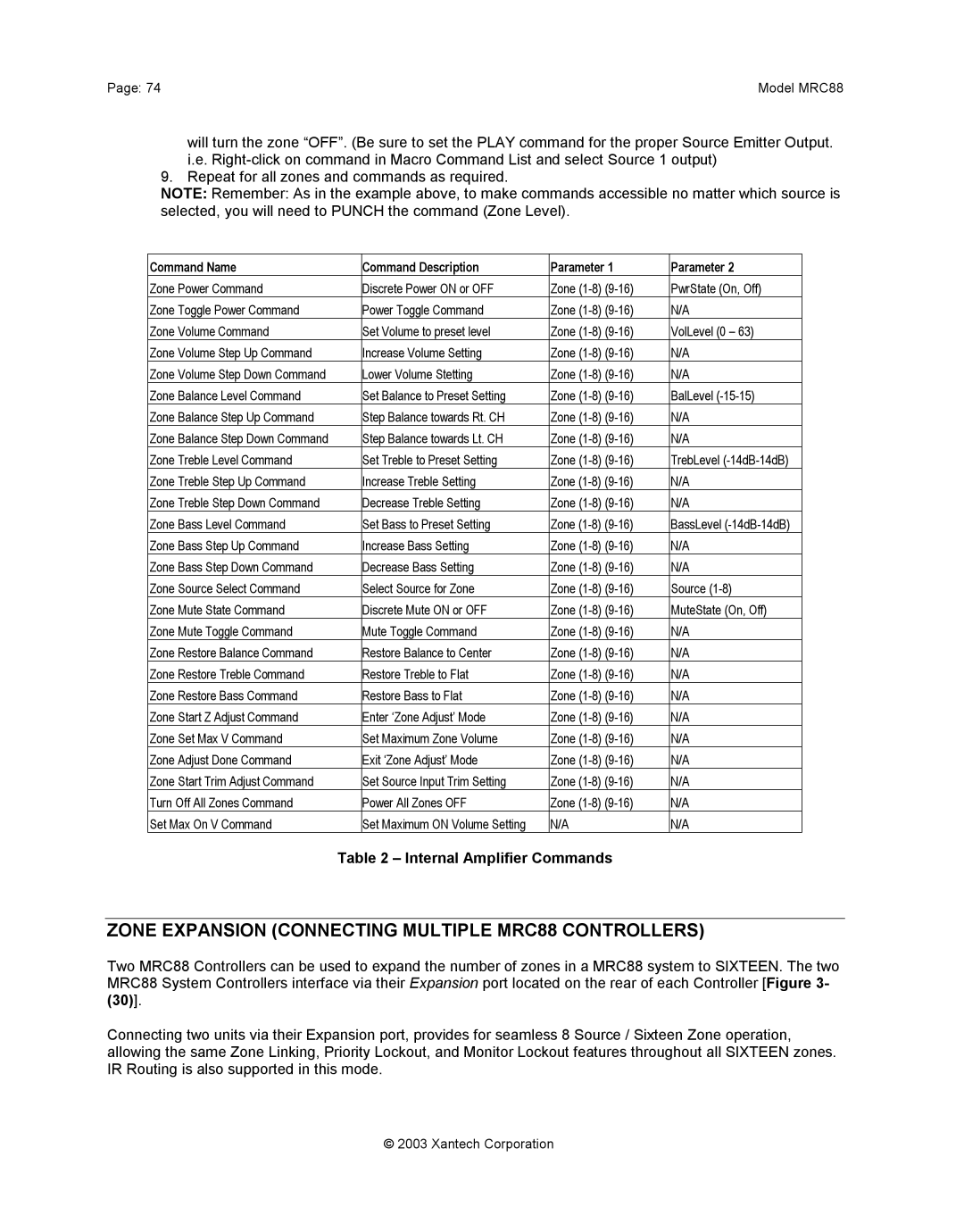 Xantech mrc88 installation instructions Zone Expansion Connecting Multiple MRC88 Controllers, Internal Amplifier Commands 