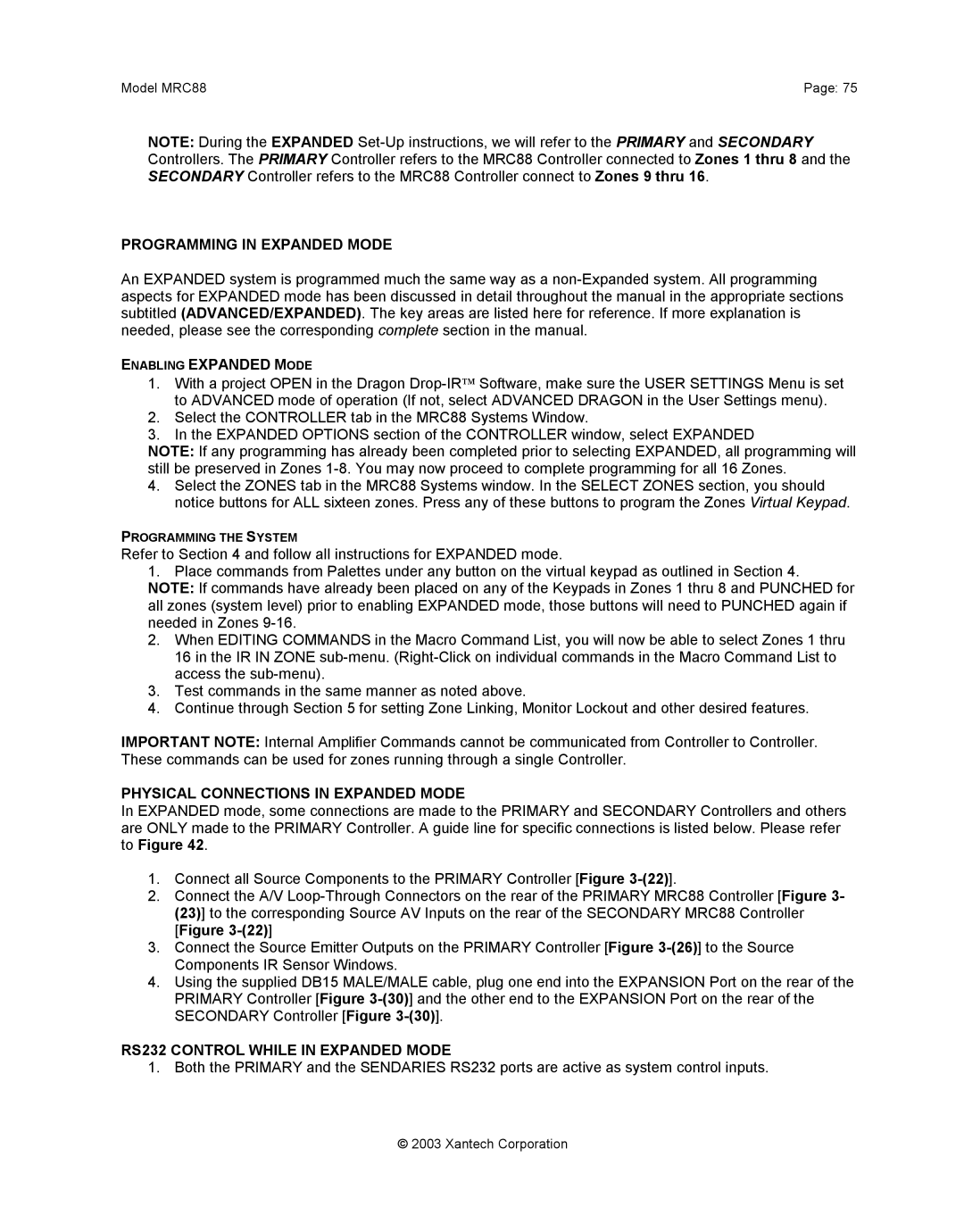 Xantech mrc88 Programming in Expanded Mode, Enabling Expanded Mode, Physical Connections in Expanded Mode 