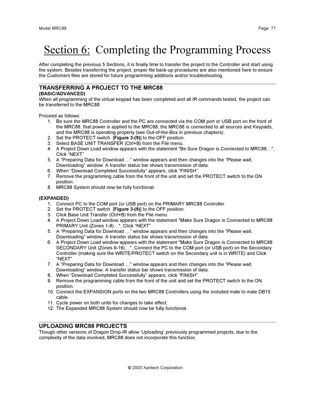 Xantech mrc88 installation instructions Transferring a Project to the MRC88, Uploading MRC88 Projects 