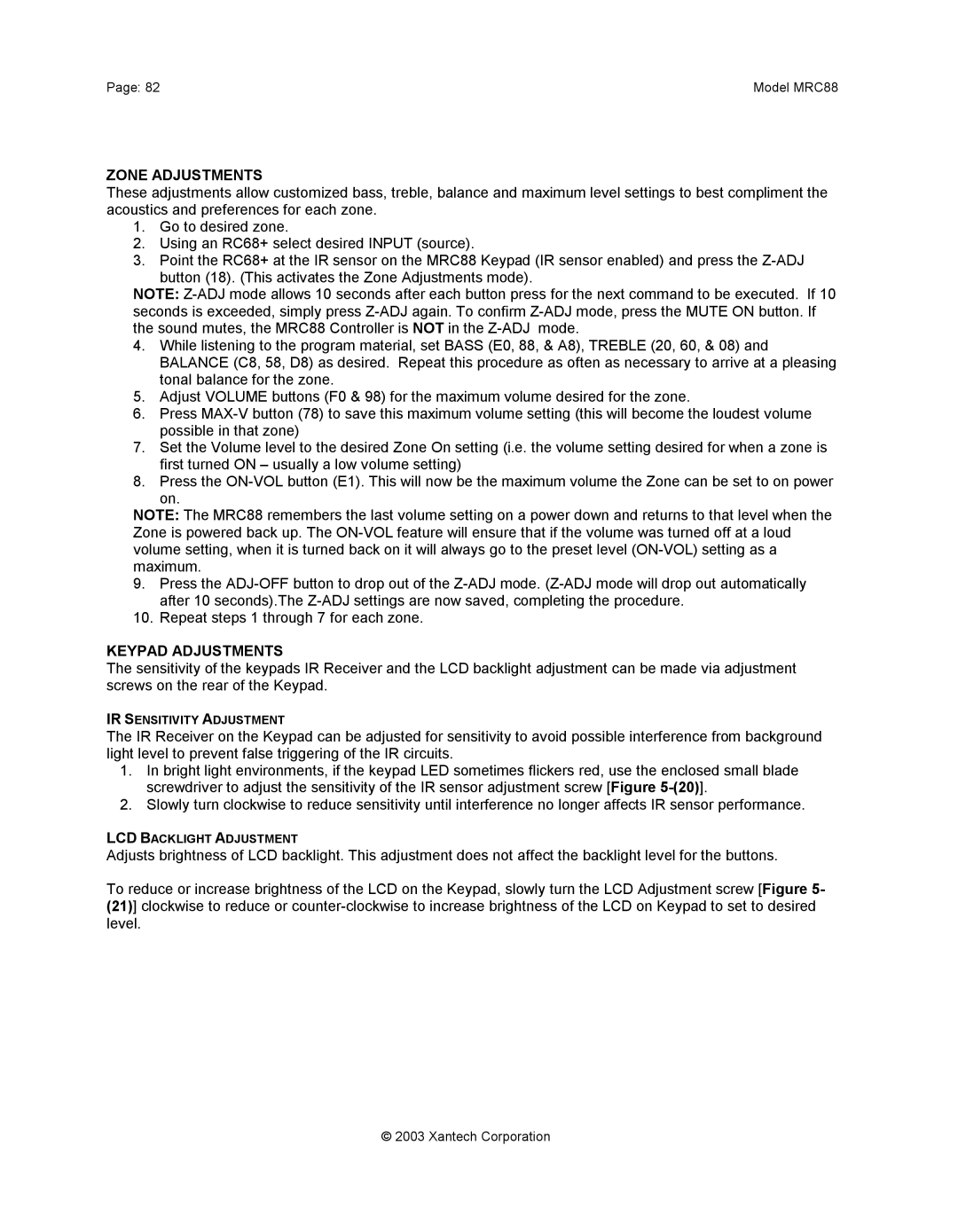 Xantech mrc88 installation instructions Zone Adjustments, Keypad Adjustments 