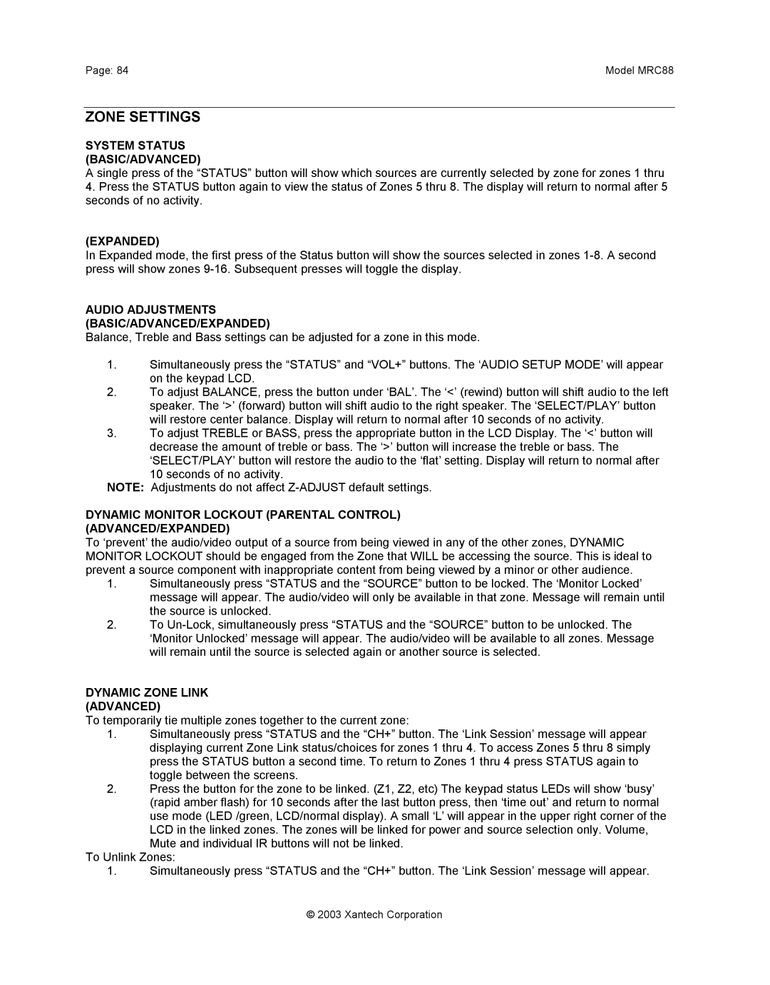 Xantech mrc88 Zone Settings, System Status BASIC/ADVANCED, Audio Adjustments BASIC/ADVANCED/EXPANDED 