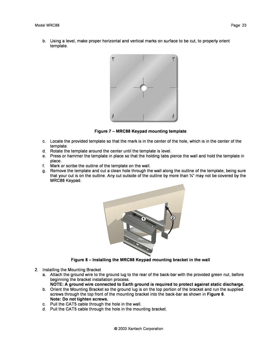 Xantech mrc88 installation instructions MRC88 Keypad mounting template, Note Do not tighten screws 